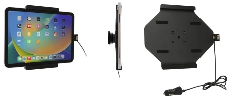Brodit Aktiv hållare med USB-kabel och cigg-adapter, Apple iPad 10th Gen (A2696, A2757, A2777)/2025 A16 (A3354, A3355, A3356)